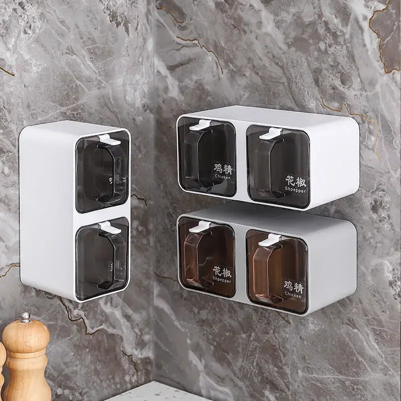Wall-Mounted Seasoning Box Spice Rack – Sugar Bowl, Salt Shaker, and Spice Container with Spoons