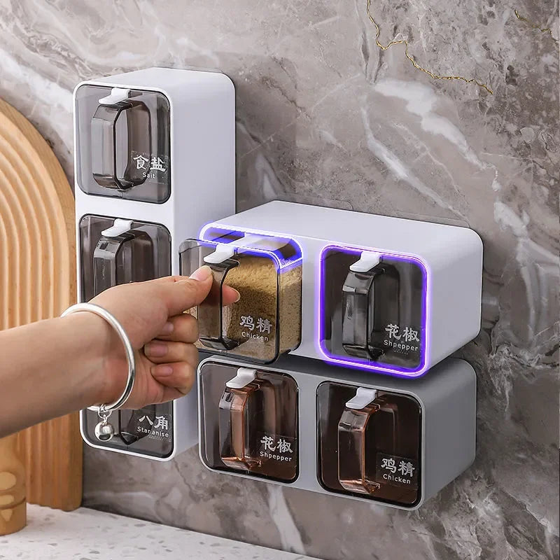 Wall-Mounted Seasoning Box Spice Rack – Sugar Bowl, Salt Shaker, and Spice Container with Spoons