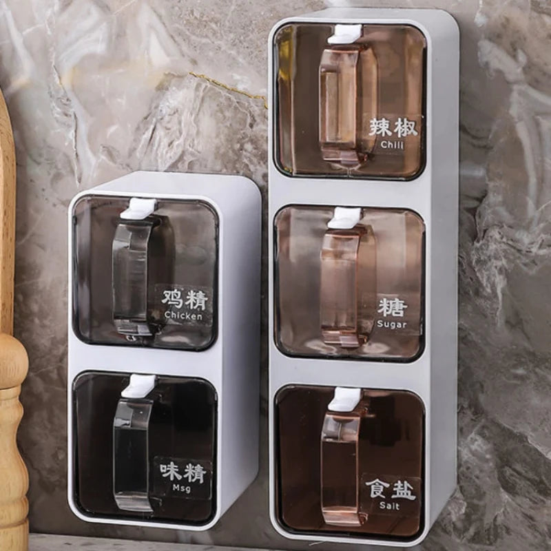 Wall-Mounted Seasoning Box Spice Rack – Sugar Bowl, Salt Shaker, and Spice Container with Spoons