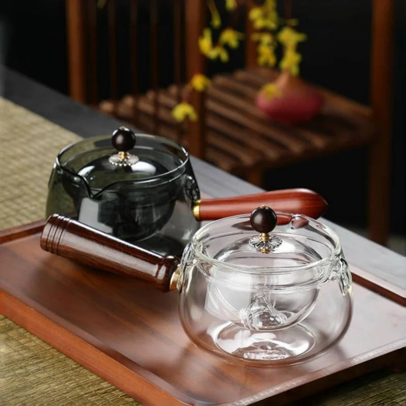 Elegant High Temperature Resistant Glass Teapot – Rotating Tea-ware with Side Handle and Water Separation Filter