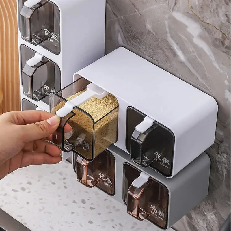 Wall-Mounted Seasoning Box Spice Rack – Sugar Bowl, Salt Shaker, and Spice Container with Spoons