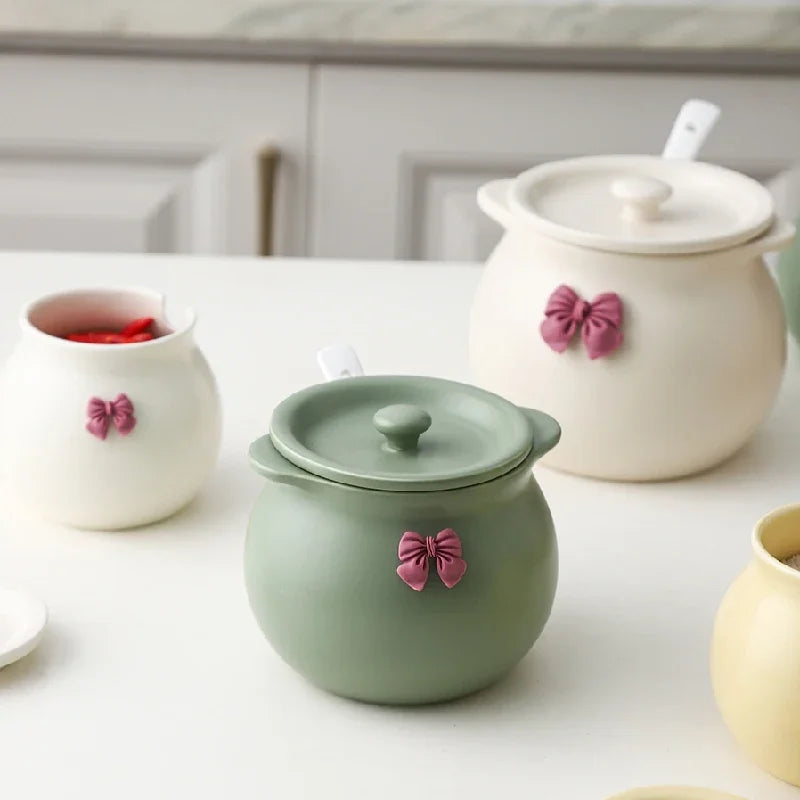 Ceramic Seasoning Pot Container – Elegant Sugar Bowl, Salt Pot, and Tea Pot with Lid and Spoon