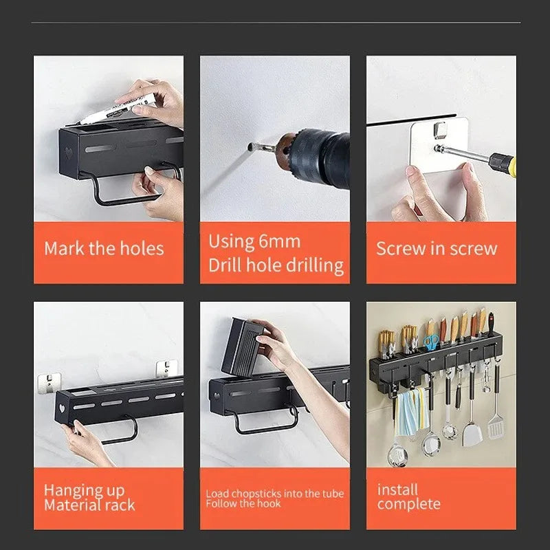 Wall-Mounted Multifunctional Knife Holder – Integrated Storage Rack for Household Kitchens