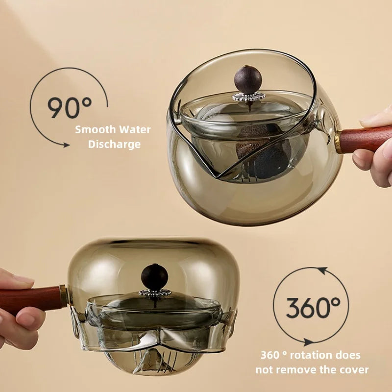 Elegant High Temperature Resistant Glass Teapot – Rotating Tea-ware with Side Handle and Water Separation Filter