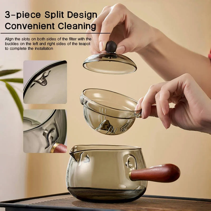 Elegant High Temperature Resistant Glass Teapot – Rotating Tea-ware with Side Handle and Water Separation Filter