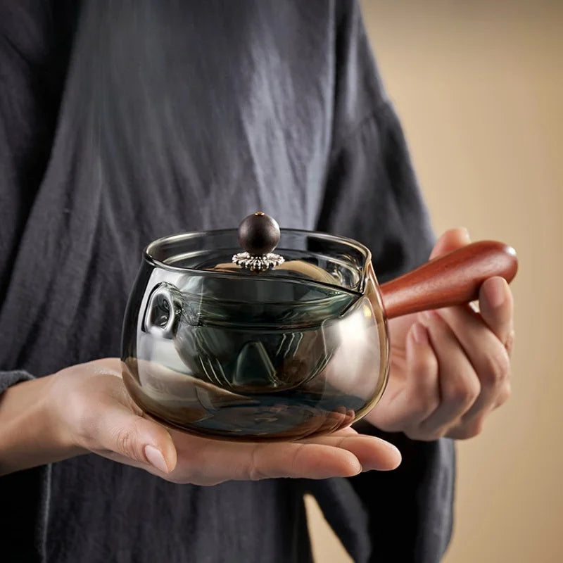Elegant High Temperature Resistant Glass Teapot – Rotating Tea-ware with Side Handle and Water Separation Filter