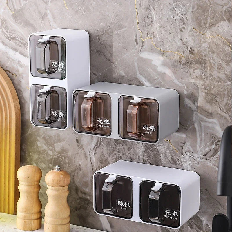 Wall-Mounted Seasoning Box Spice Rack – Sugar Bowl, Salt Shaker, and Spice Container with Spoons